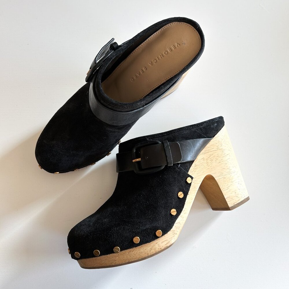 Veronica Beard Dacey Black Suede Studded High Heel Clogs Size 8.5 M